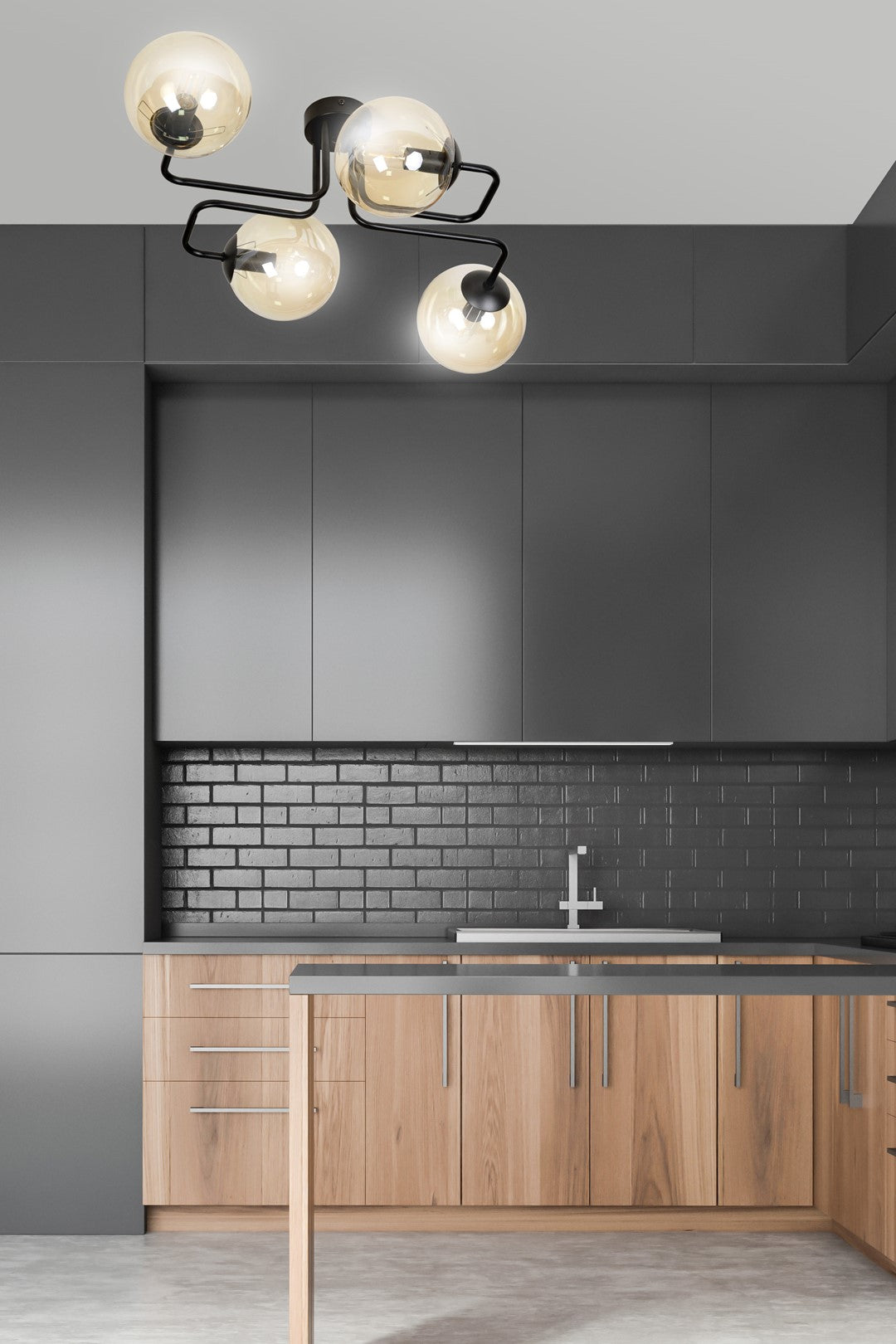 Mise en ambiance cuisine moderne, plafonnier suspendu au-dessus du plan de travail.