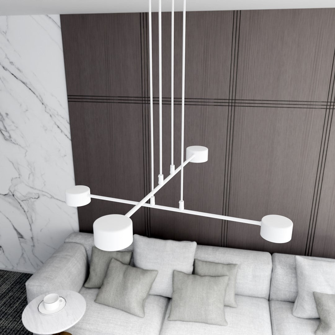 Scène de salon : canapé gris, coussins et suspension blanche au-dessus