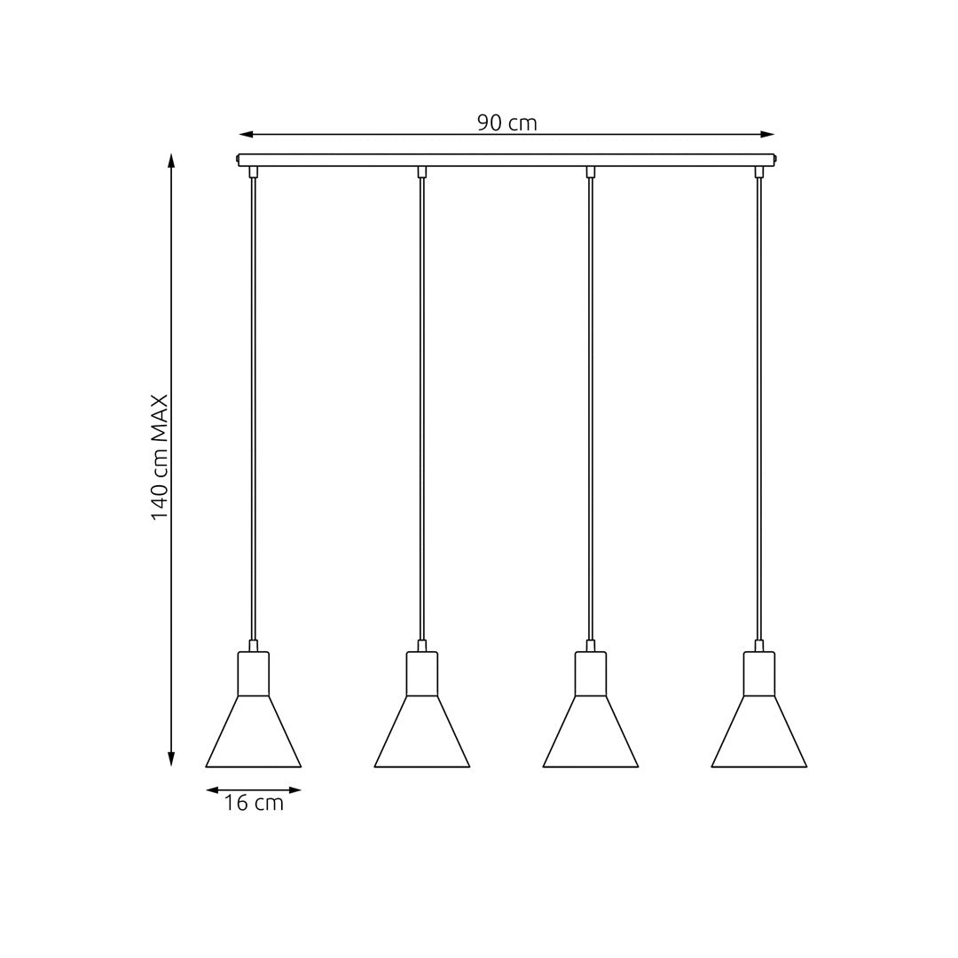 Schéma coté du luminaire avec barre de 90 cm et hauteur maximale de 140 cm