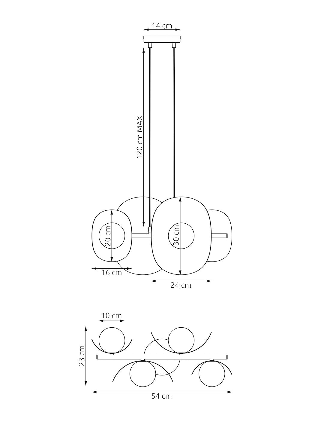 Schéma technique coté avec hauteur, largeur et diamètre du luminaire.
