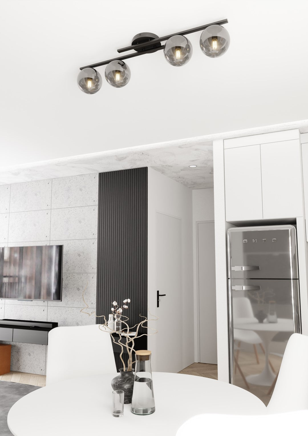 Plafonnier fixé au plafond dans une cuisine avec table blanche et réfrigérateur.