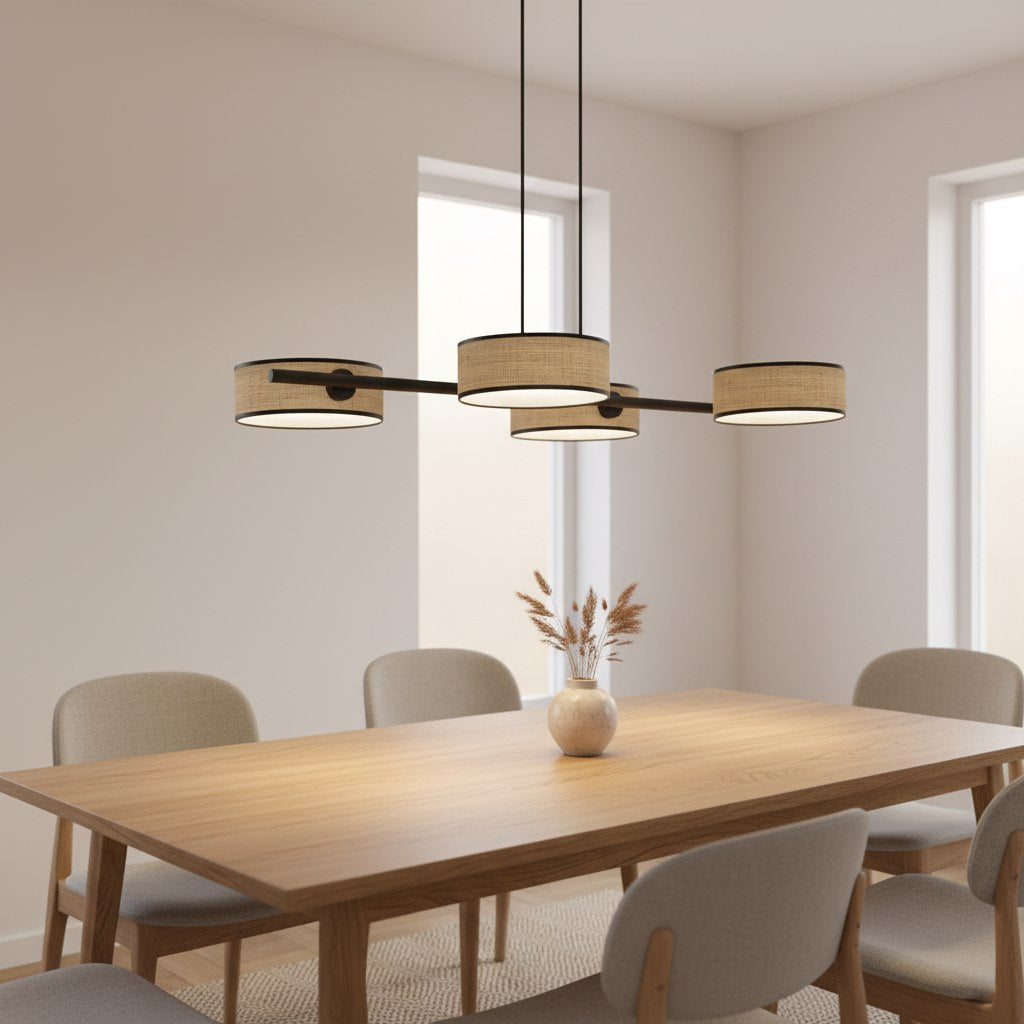 Mise en situation dans une salle à manger : suspension rotin au-dessus d'une table en bois clair