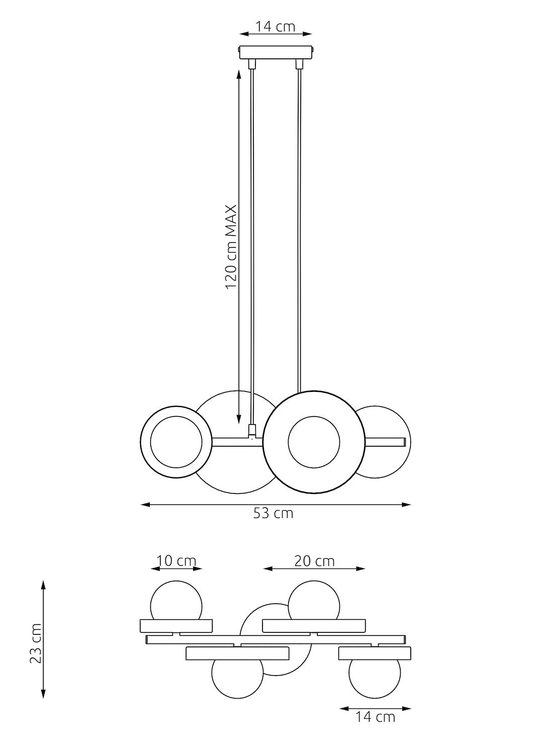 Schéma coté du luminaire avec largeur 53 cm et suspension maximale 120 cm