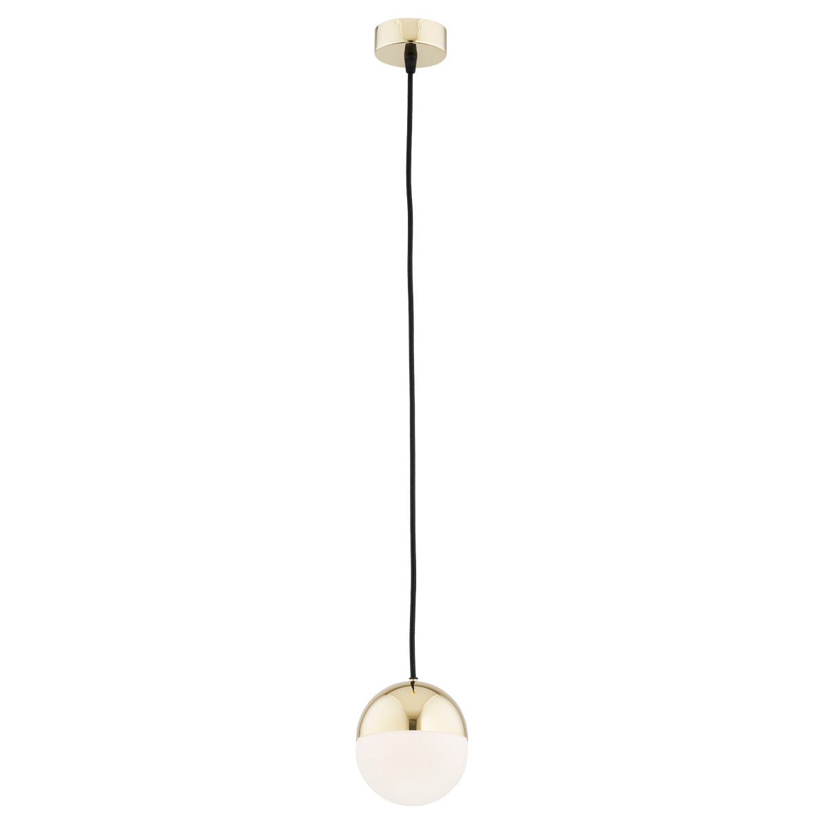 Suspension boule finition laiton doré, demi-sphère métallique et verre opalin, câble noir.