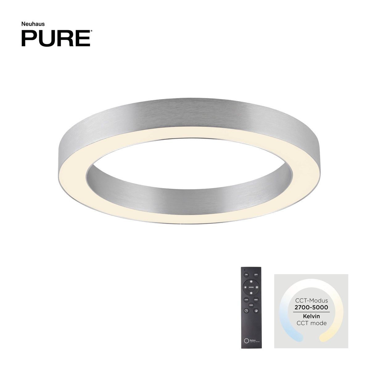 Vue produit sur fond blanc avec télécommande et indication du mode CCT variable