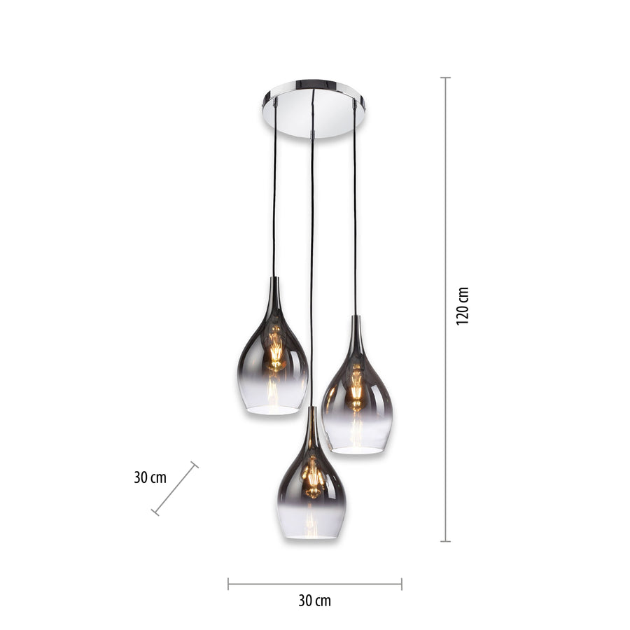 Suspension Pilua 3 lumières chromée, verre, L 46 cm