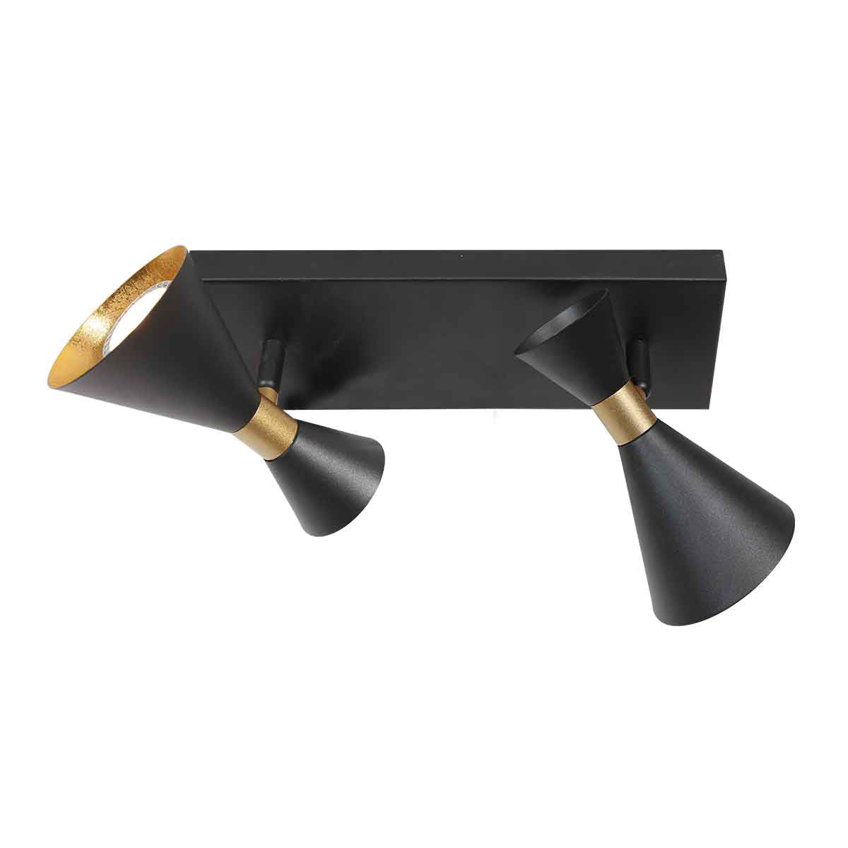 Vue de face du spot plafond noir à deux cônes orientables sur base rectangulaire
