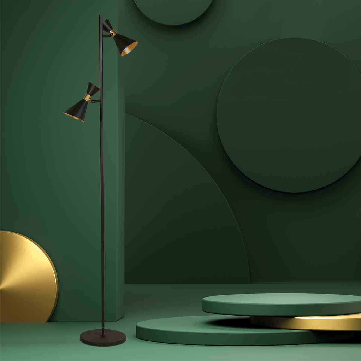 Lampadaire GU10 noir Preto en situation dans un salon vert mid-century