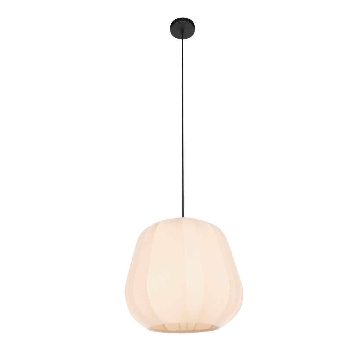 Suspension crème suspendue à son câble noir, rosace fixée au plafond blanc