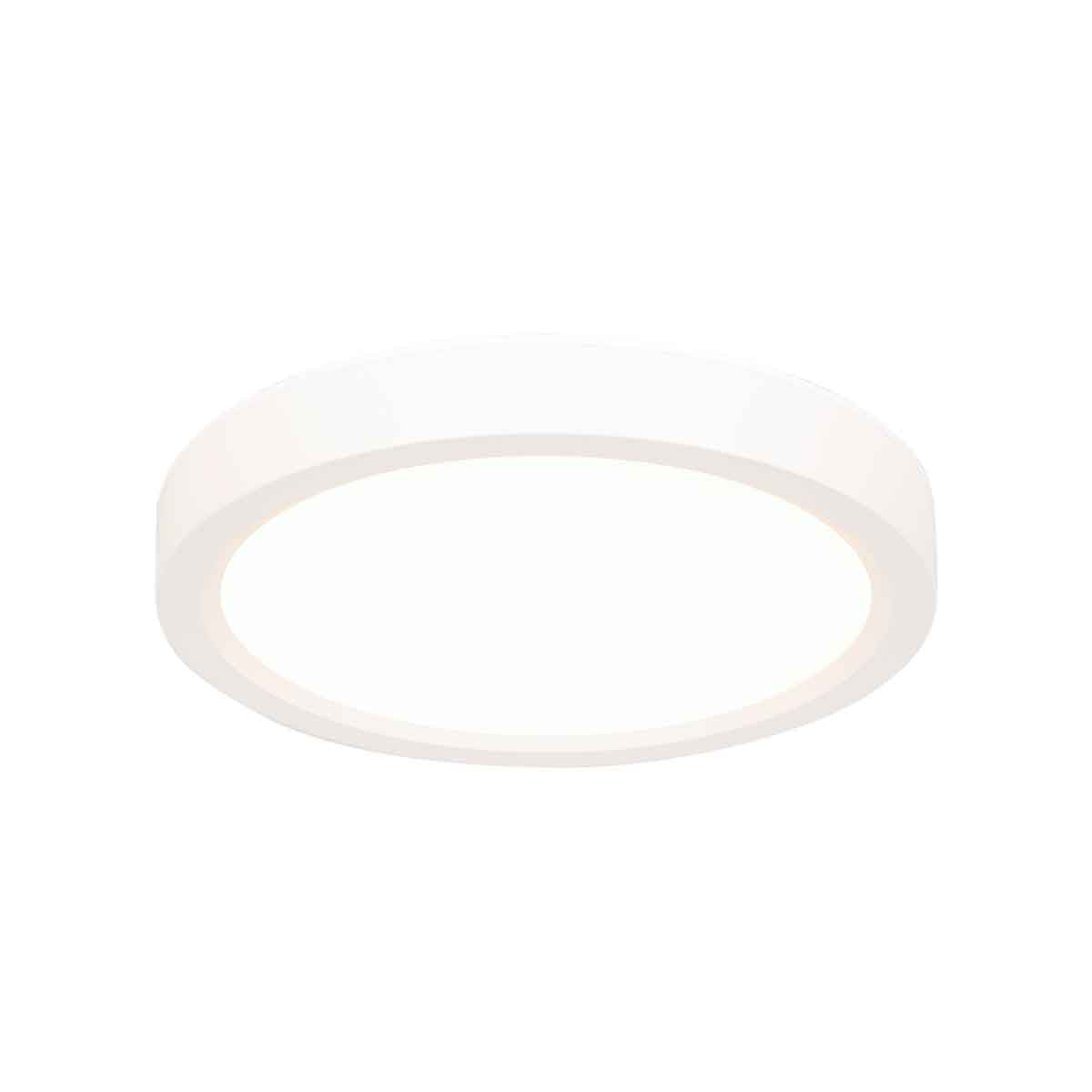 Plafonnier rond blanc vu de trois quarts, diffuseur opalin et cerclage fin