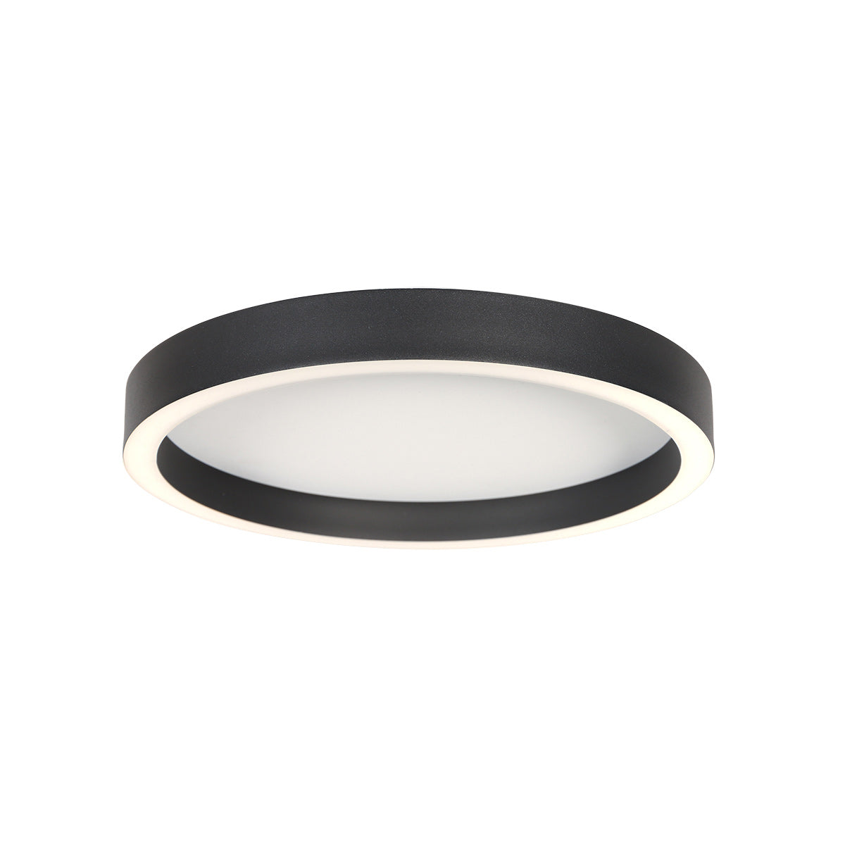 Plafonnier rond noir vu de trois quarts, anneau allumé et diffuseur opalin blanc
