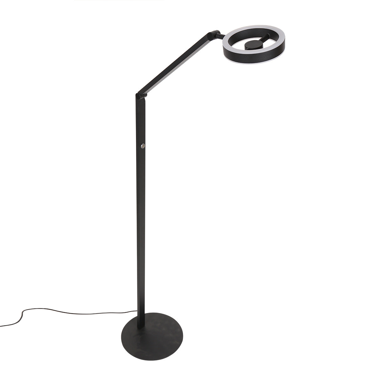 Lampadaire noir présenté en entier sur fond blanc, tête orientable