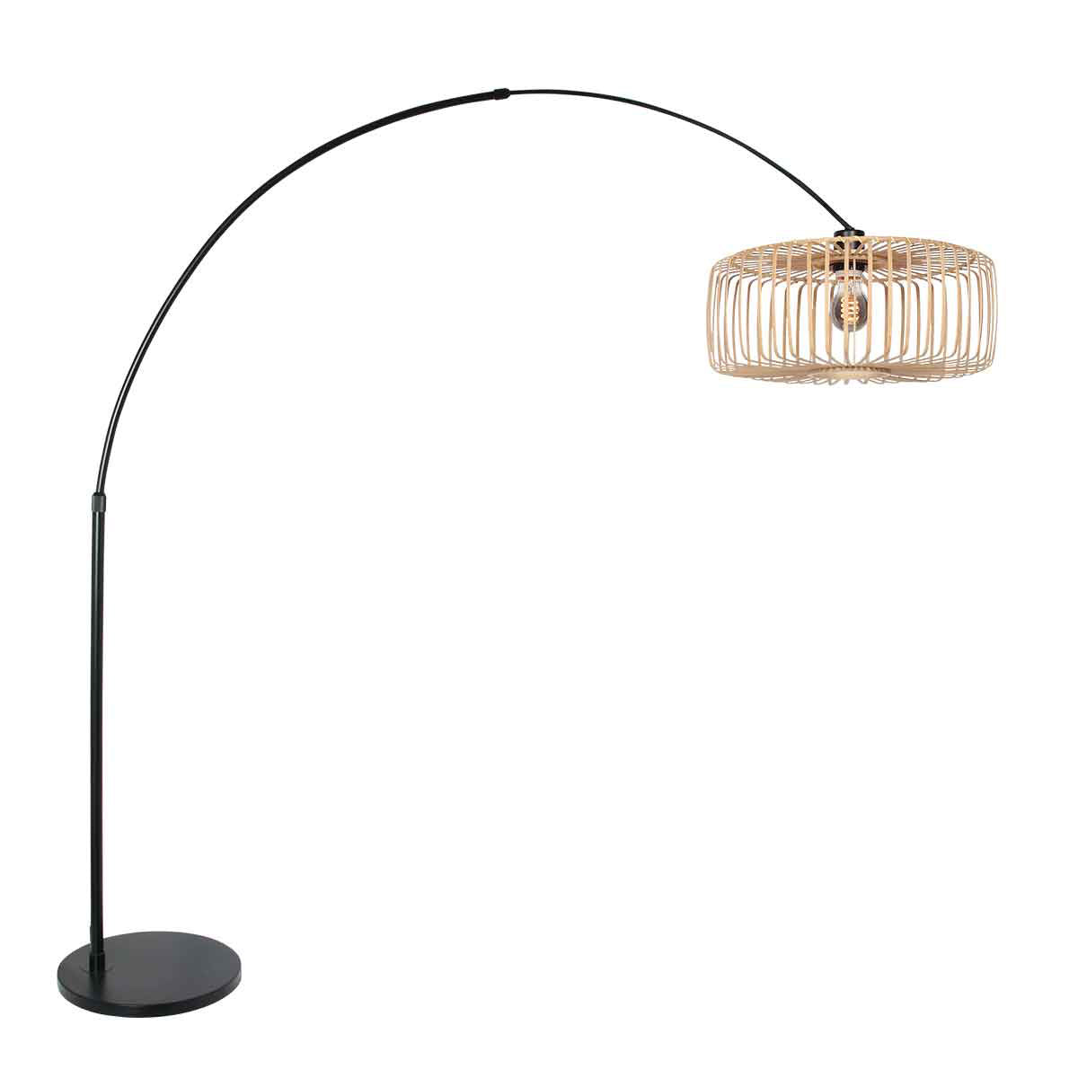 Lampadaire en arc noir avec abat-jour cylindrique en bambou naturel, vue de face