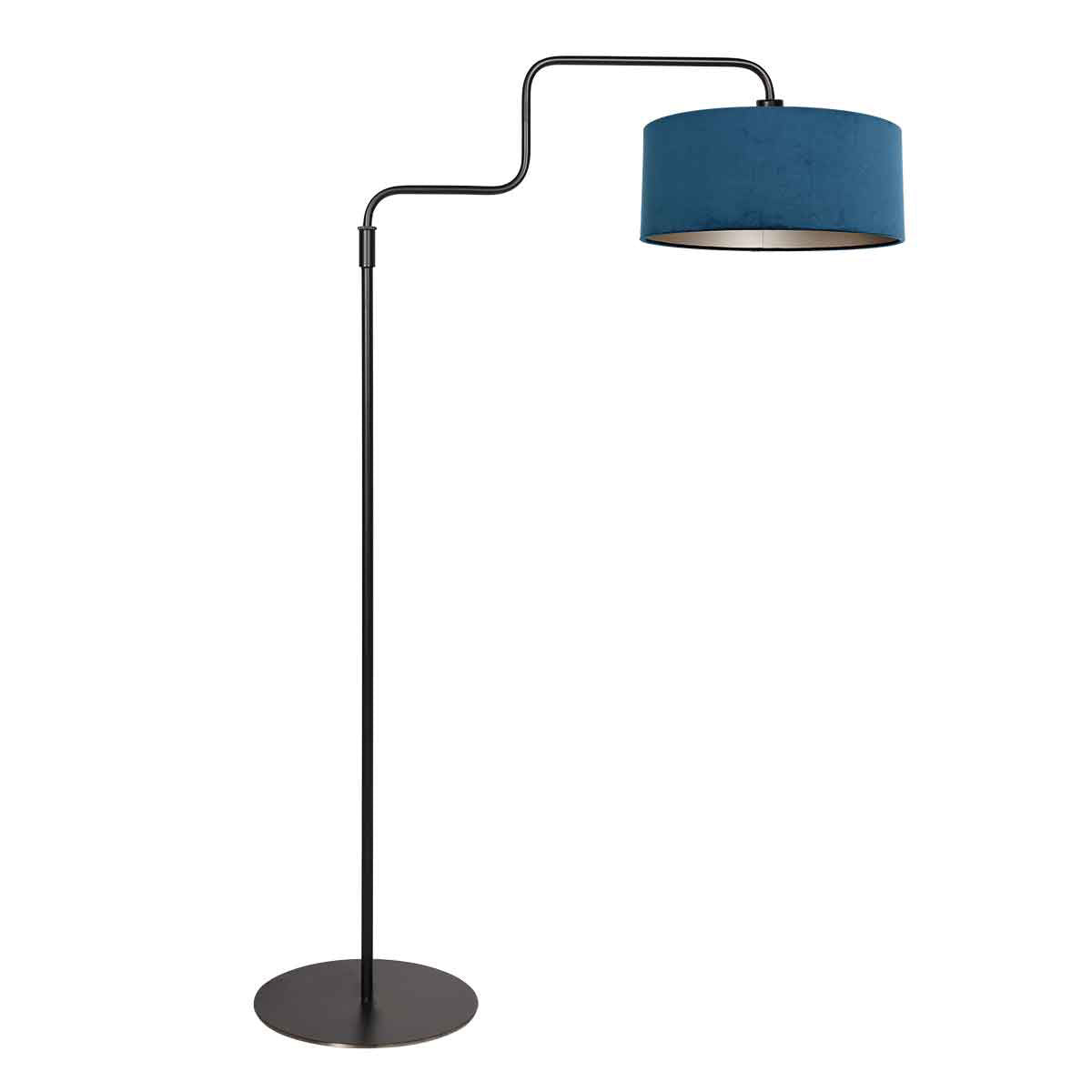 Lampadaire au sol avec abat-jour cylindrique bleu en velours et structure noire