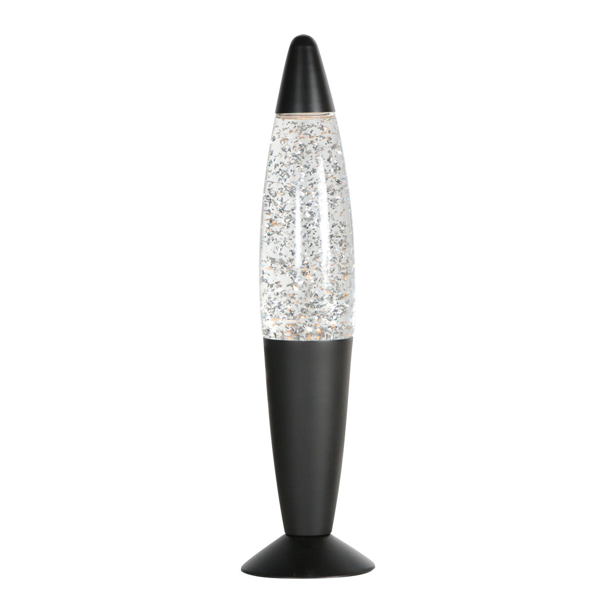 Lampe de table noire au corps translucide rempli de paillettes argentées, vue de face.