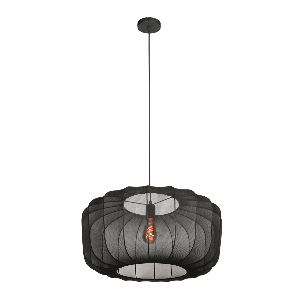 Luminaire suspendu complet, câble, rosace et abat-jour noir en maille tendue