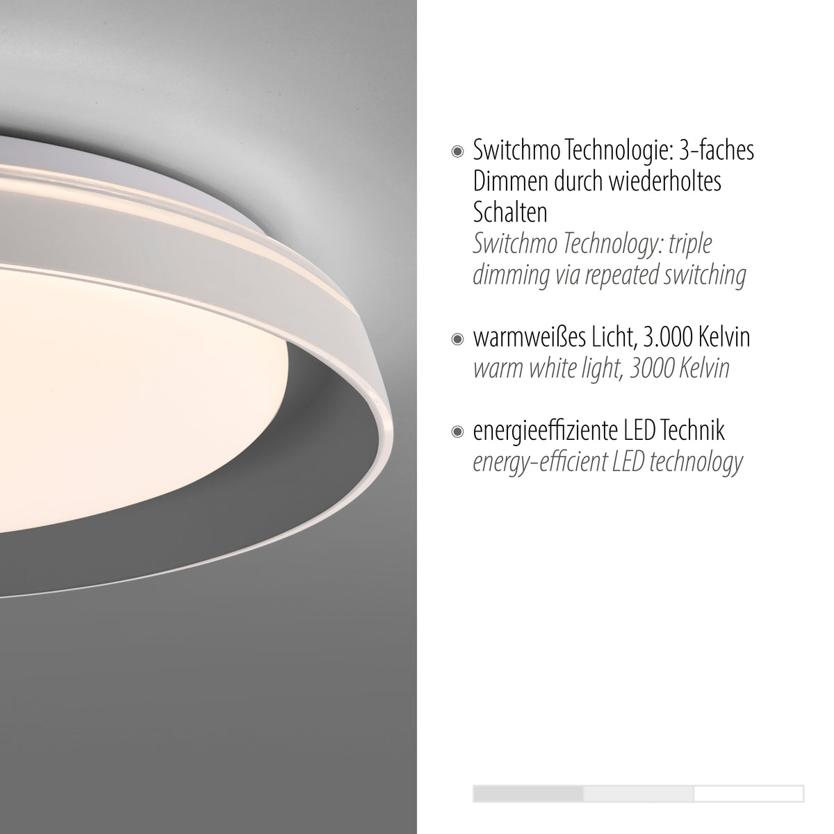 Gros plan sur le bord du luminaire gris clair et ses caractéristiques techniques LED.