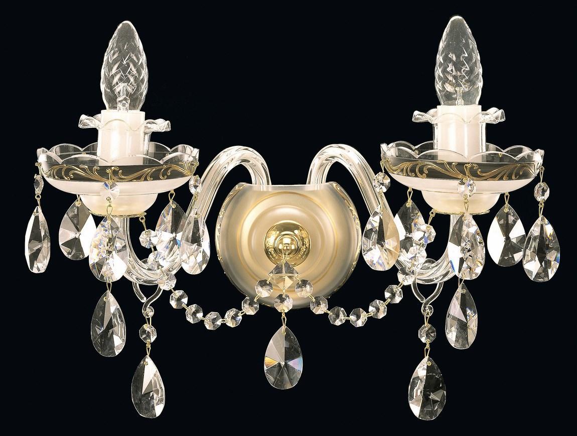 Applique murale deux bras en verre transparent, pampilles et gouttes de cristal sur fond noir