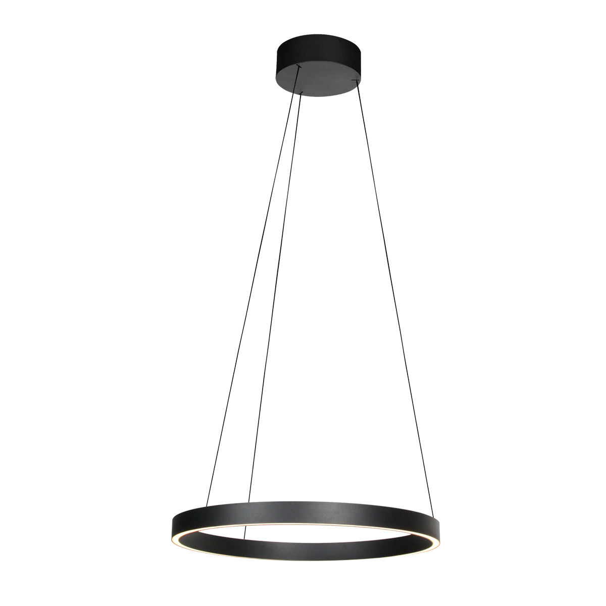 Suspension ronde noire vue de face avec câbles et rosace visibles