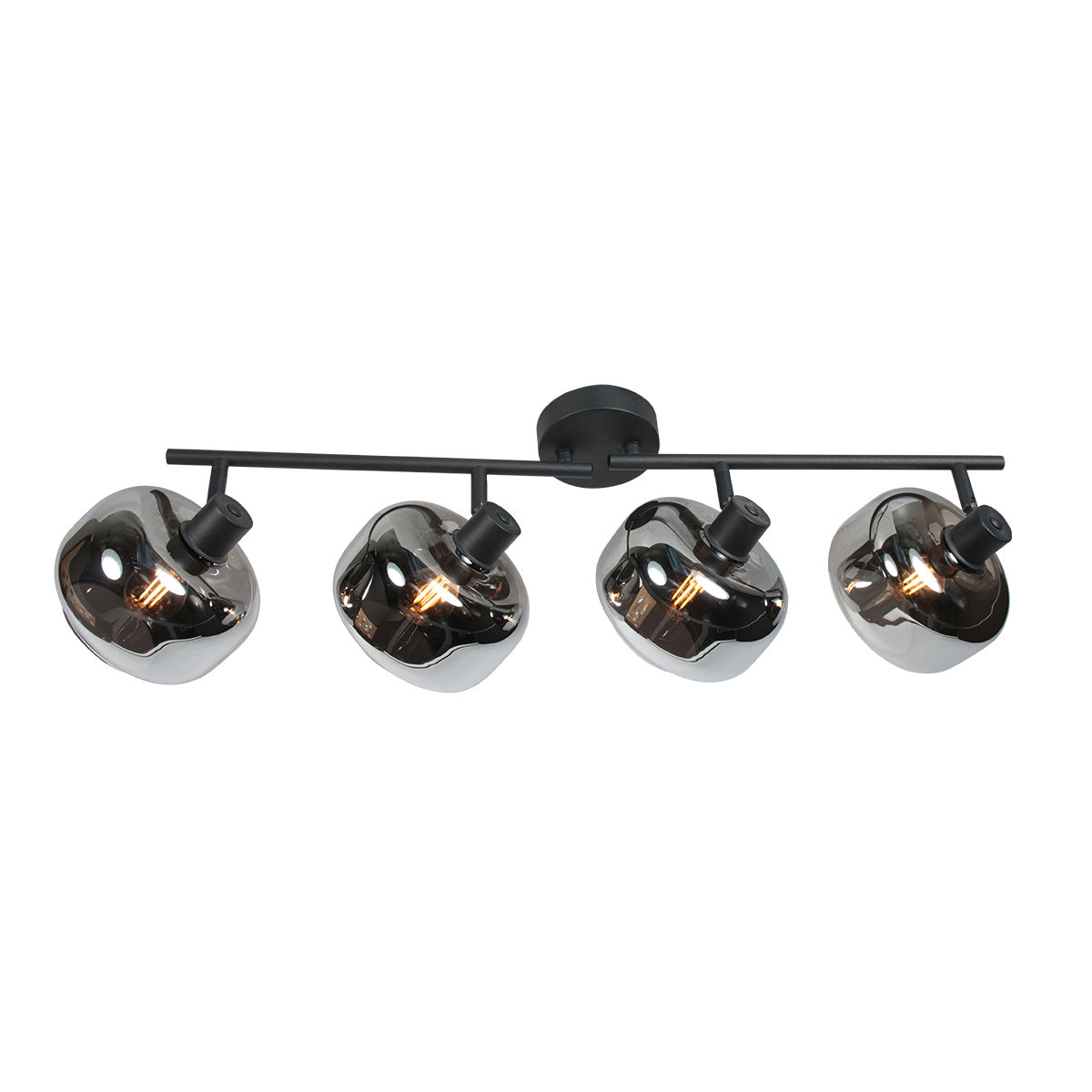 Présentation de face du luminaire à quatre diffuseurs noirs et verre fumé.