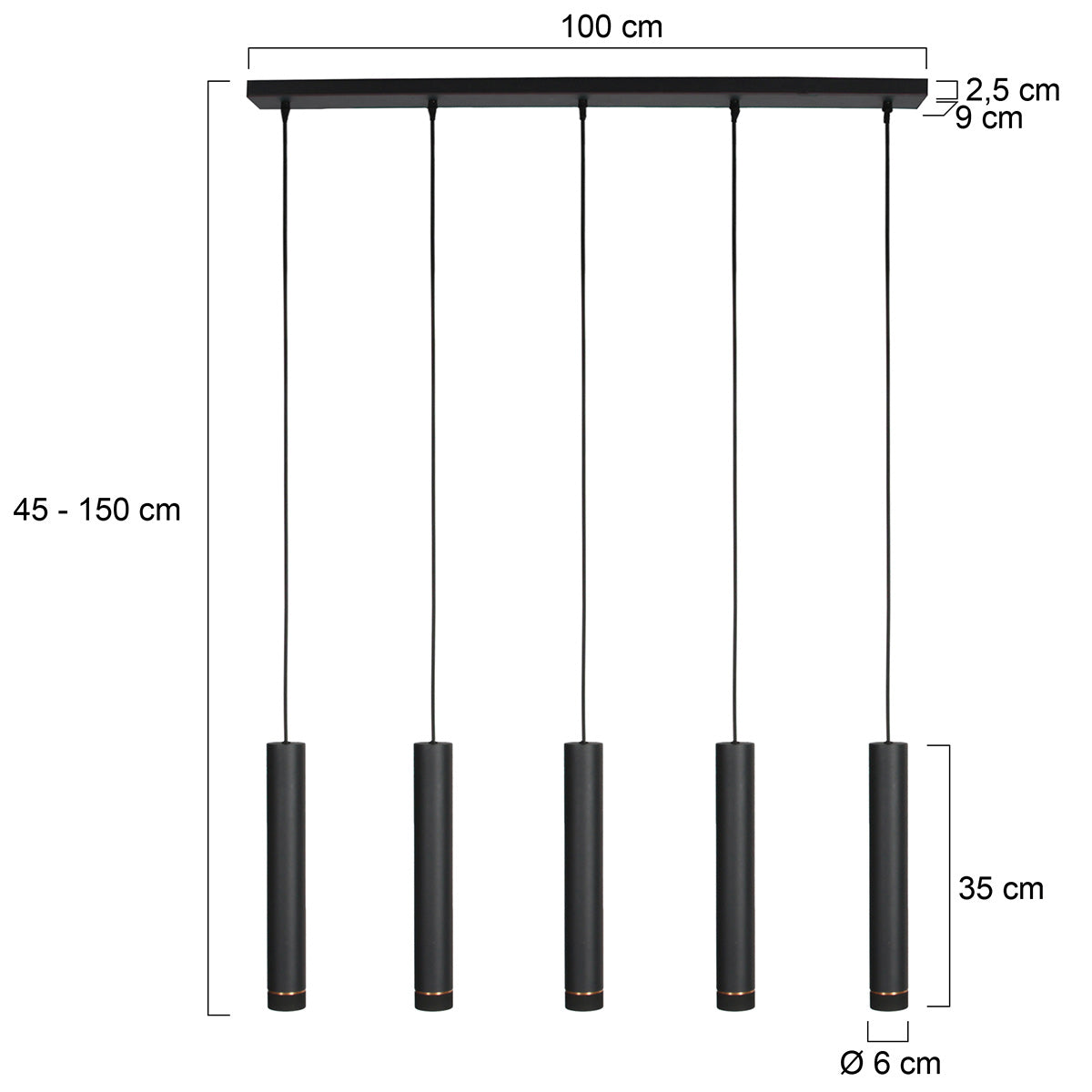 Suspension 5 spots GU10 noire, hauteurs réglables 45-150 cm — vue 16
