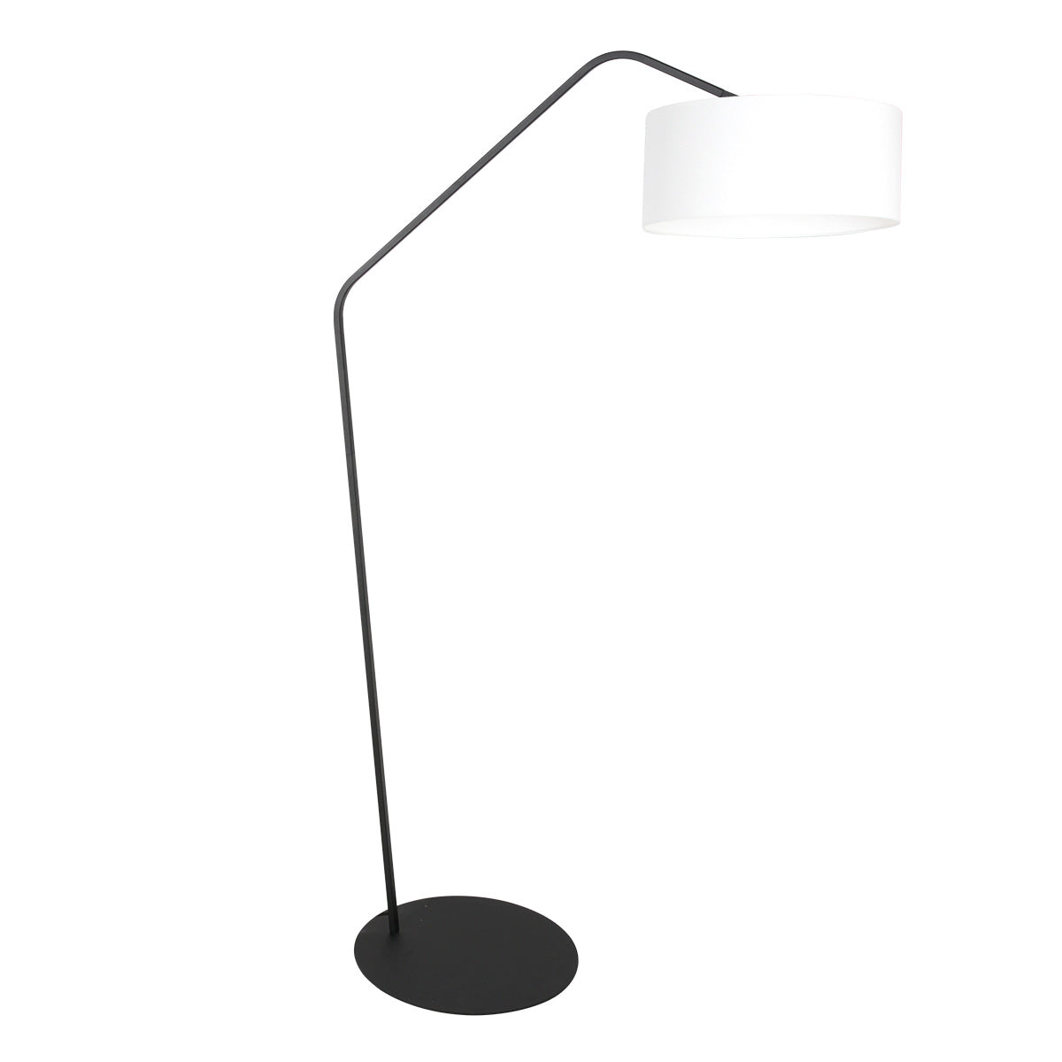 Lampadaire noir complet avec abat-jour cylindrique blanc, vu de face sur fond blanc.