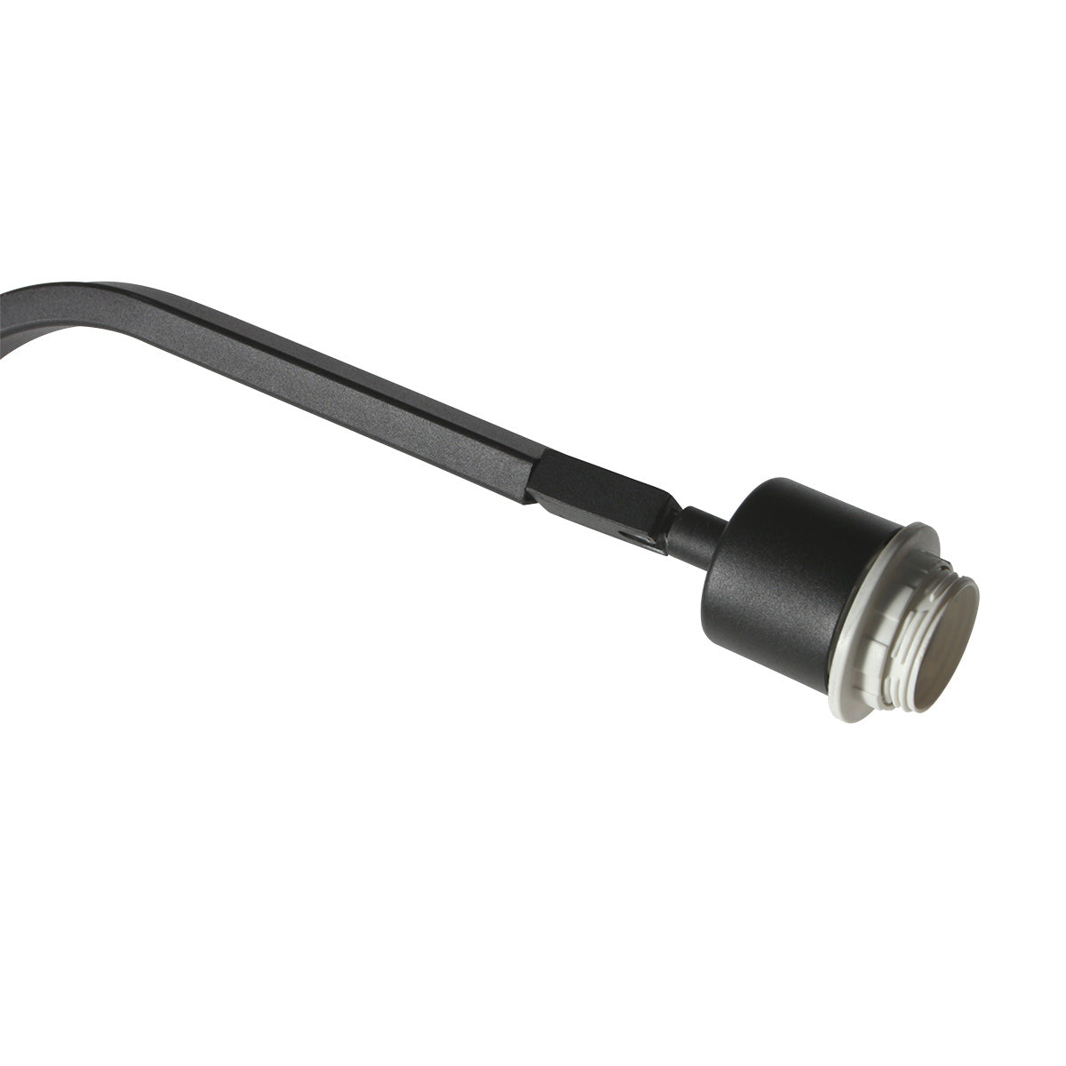 Détail de la douille noire et du bras métallique coudé du luminaire.