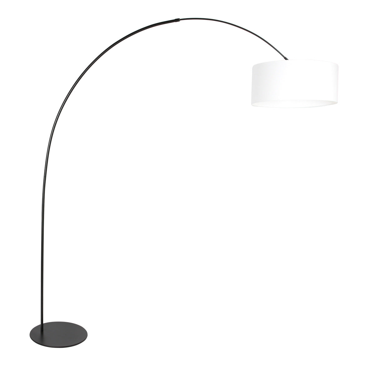 Lampadaire arc noir vu de face avec abat-jour cylindrique en lin blanc
