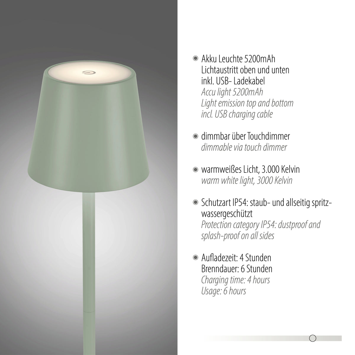 Détail du haut de l'abat-jour et caractéristiques : batterie 5200mAh, variateur tactile, lumière chaude.