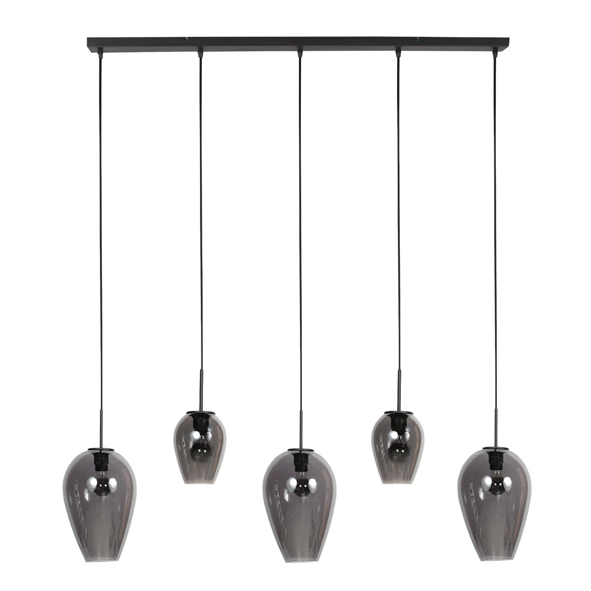Vue de face du luminaire, ampoules éteintes, reflets sur verre fumé transparent