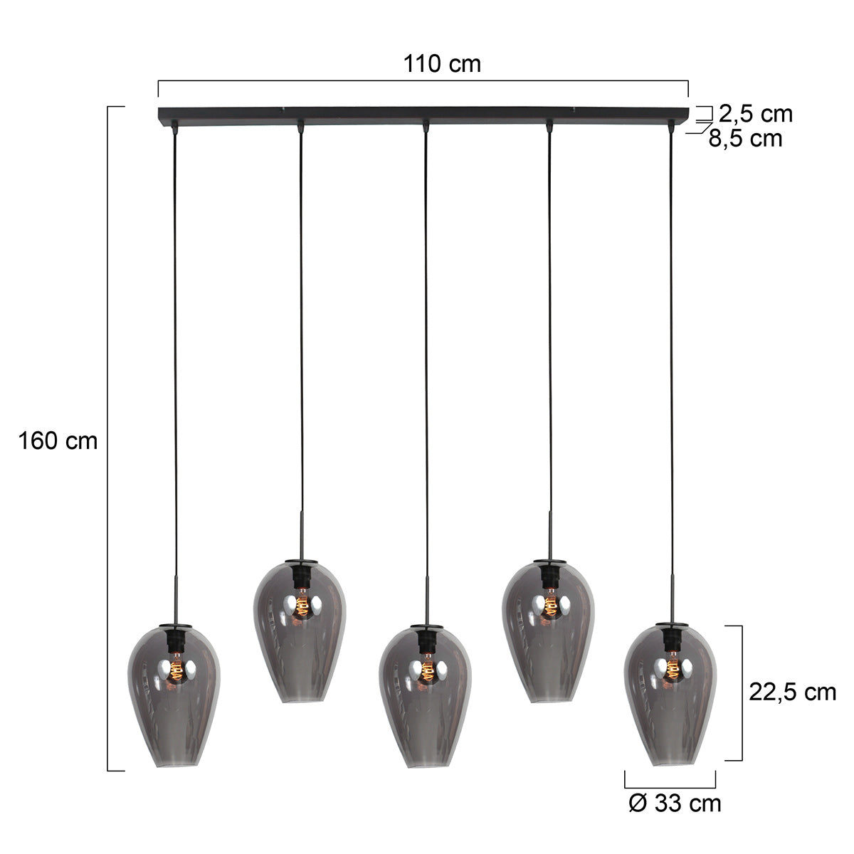 Plan coté de la suspension Drovia : barre 110 cm, hauteur réglable jusqu'à 160 cm, verre 22,5 cm