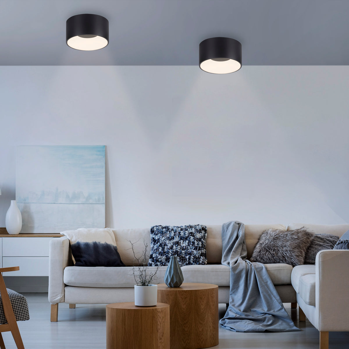 Mise en ambiance salon contemporain avec deux plafonniers noirs fixés au plafond blanc