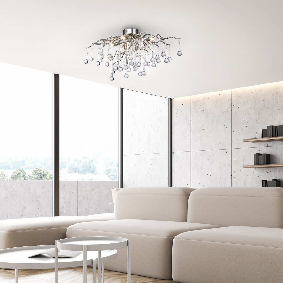 Mise en ambiance dans un salon contemporain, plafonnier allumé au-dessus d'un canapé beige.