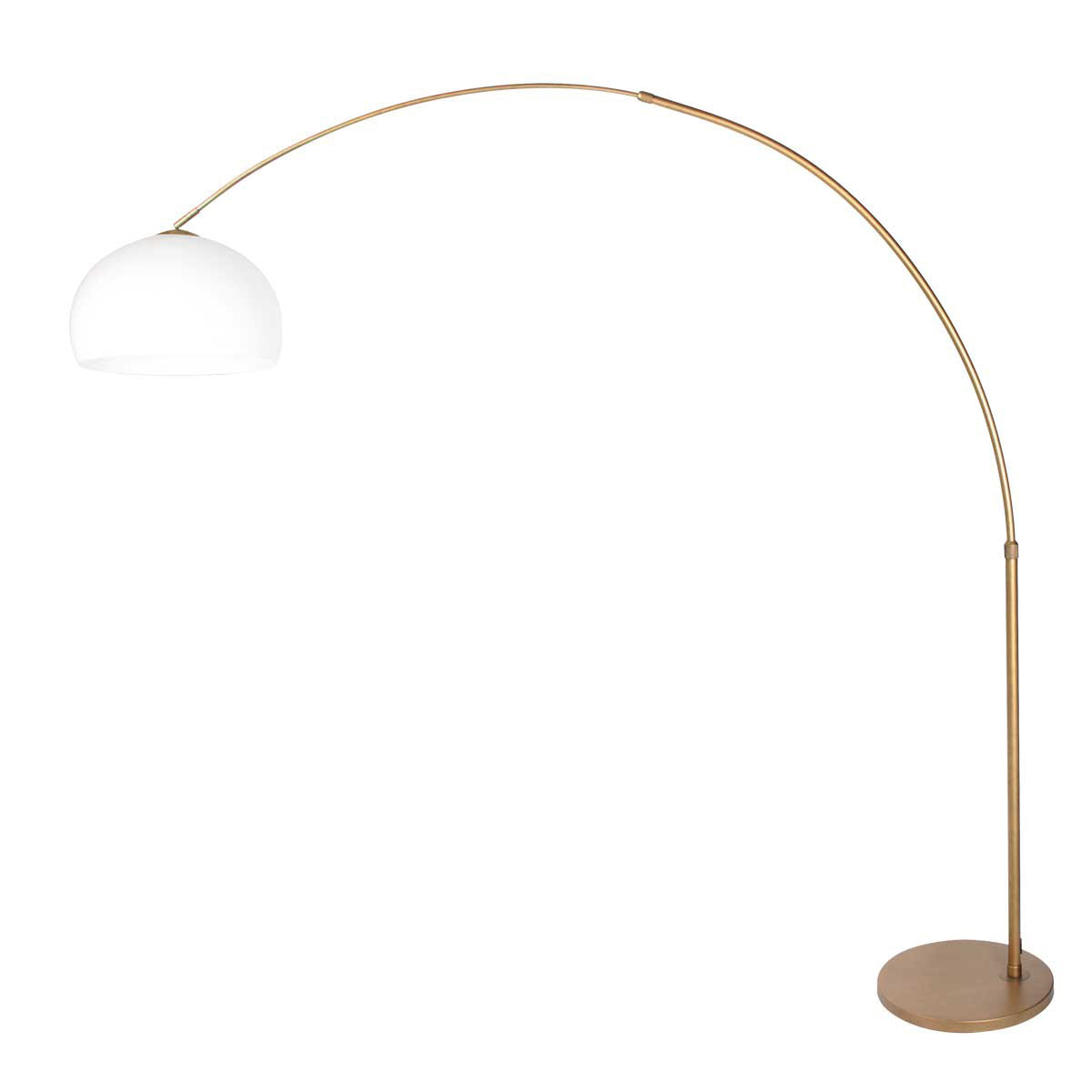 Vue inversée du lampadaire, arc bronze orienté vers la gauche, globe blanc suspendu
