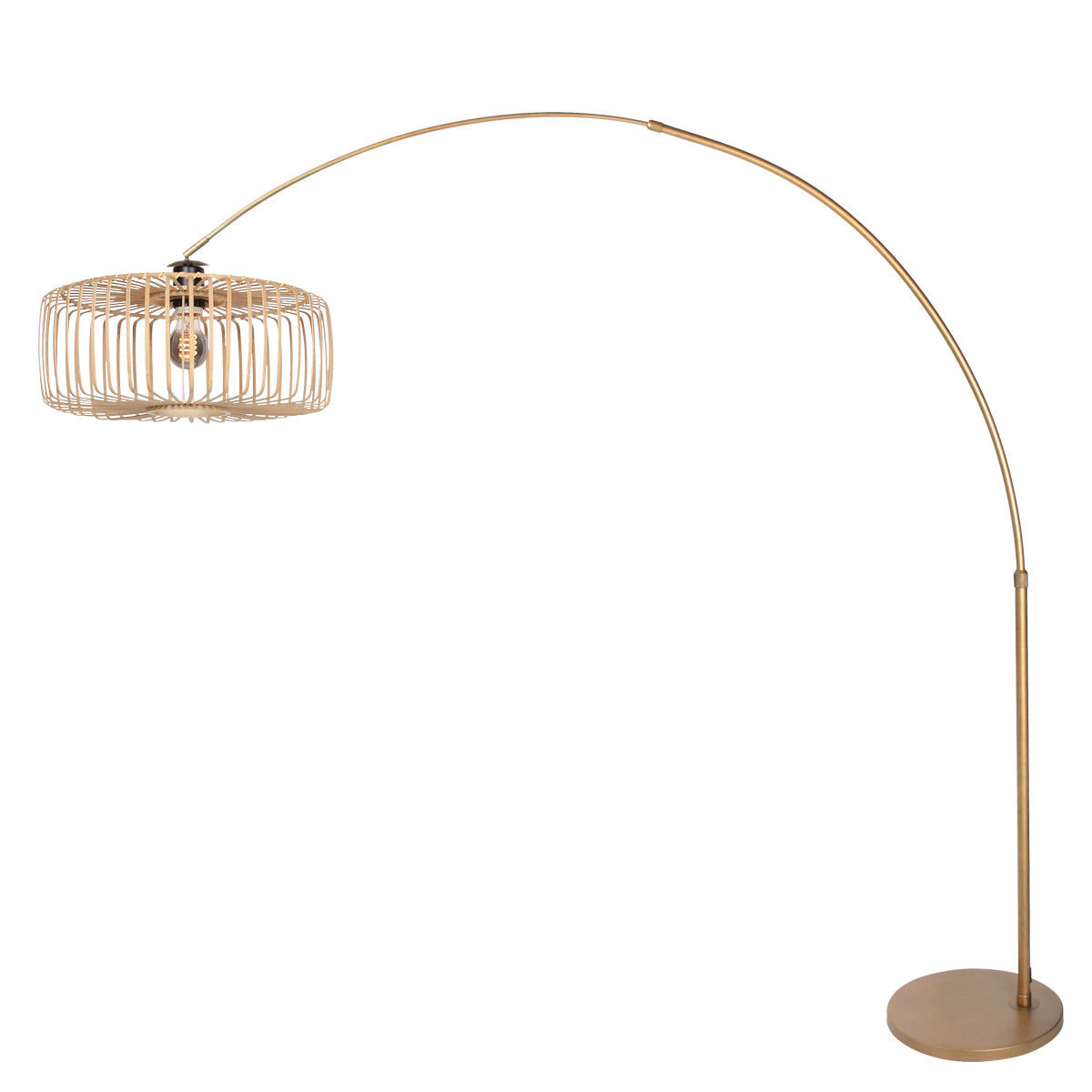 Vue de profil du lampadaire arqué, bras recourbé et diffuseur ajouré.