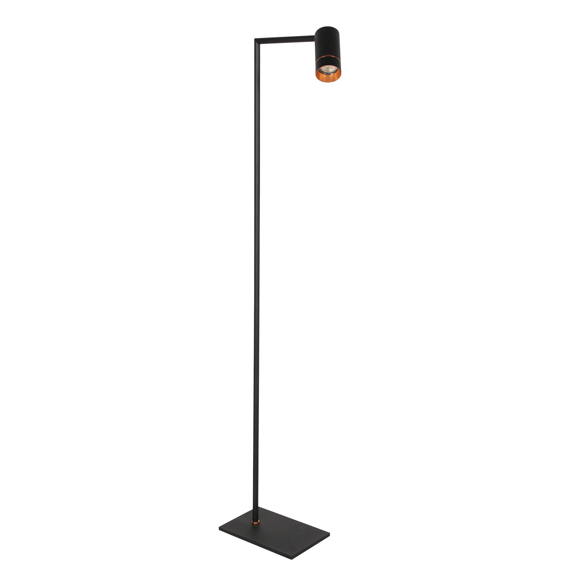 Vue de trois quarts du lampadaire, socle plat rectangulaire et long fût vertical
