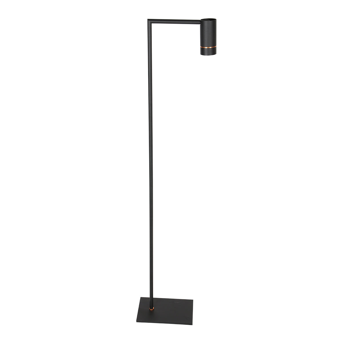 Profil du lampadaire, tête cylindrique noire à liseré cuivré dirigée vers le sol