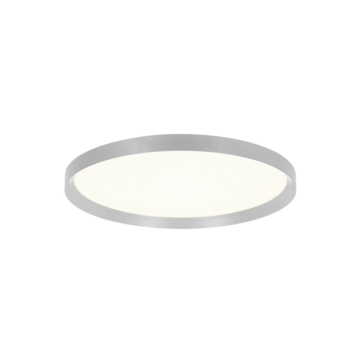 Plafonnier rond allumé, cerclage acier brossé et diffuseur opale vu de face
