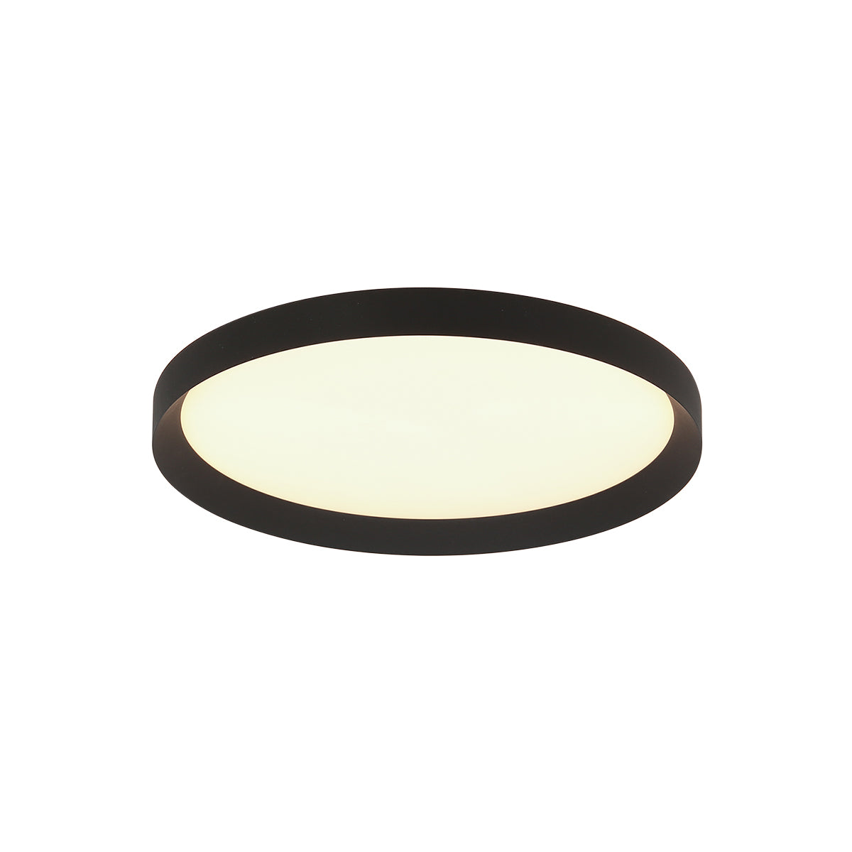 Vue de face inclinée du plafonnier allumé, cerclage noir et diffuseur jaune