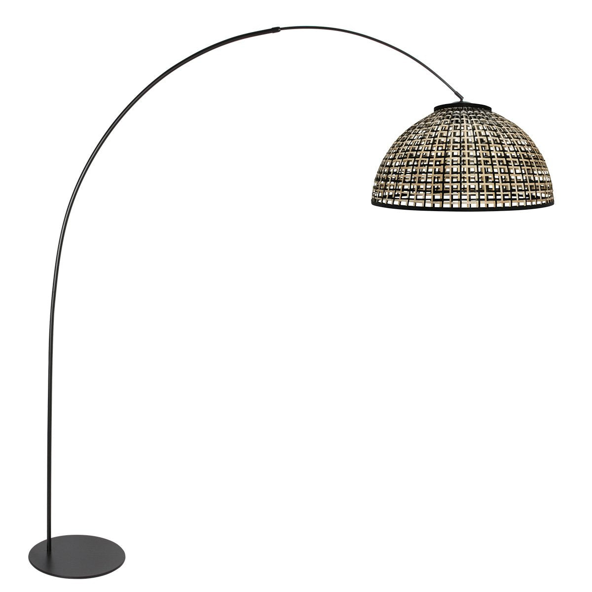 Lampadaire arc noir de face, abat-jour rond en bambou tressé suspendu