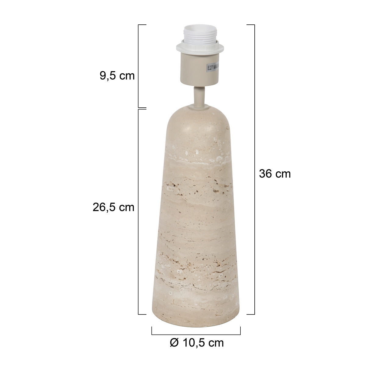 Schéma des dimensions : hauteur 36 cm, base Ø 10,5 cm, douille à 9,5 cm