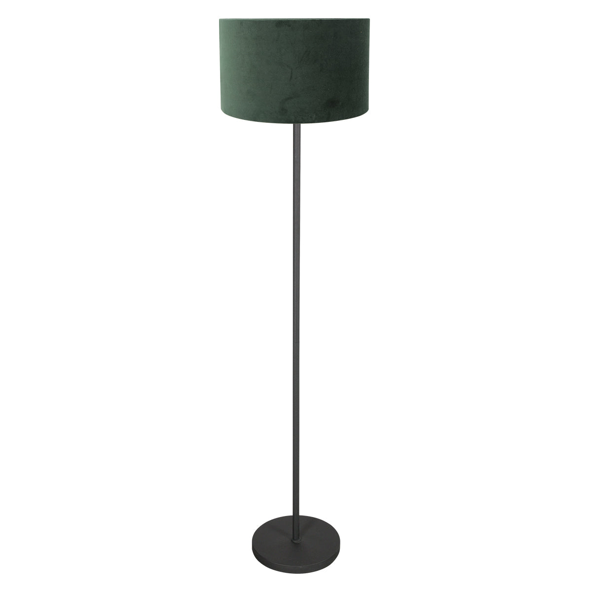 Lampadaire noir de face avec abat-jour cylindrique en velours vert foncé