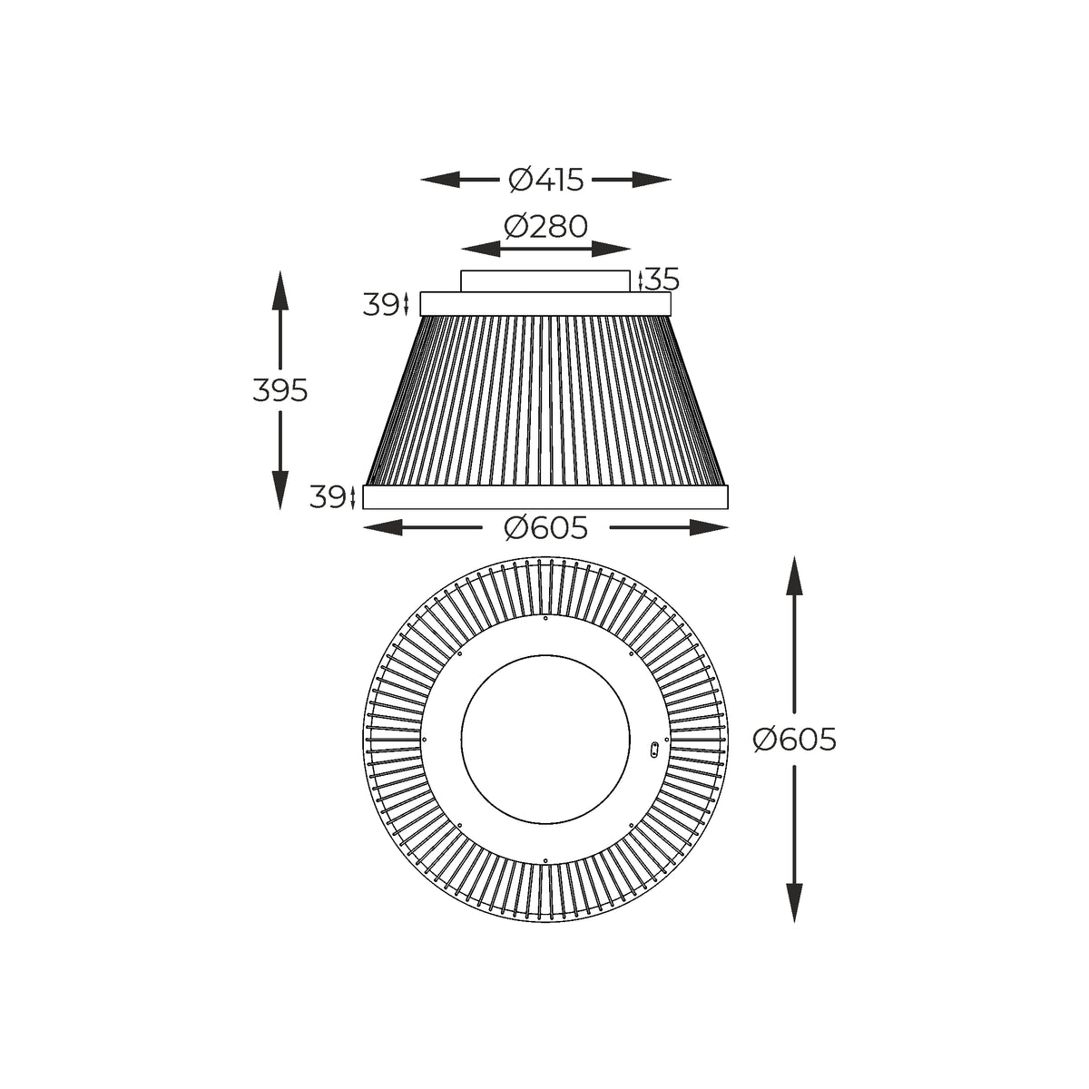 Schéma technique coté du plafonnier, diamètre 605 mm et hauteur 395 mm