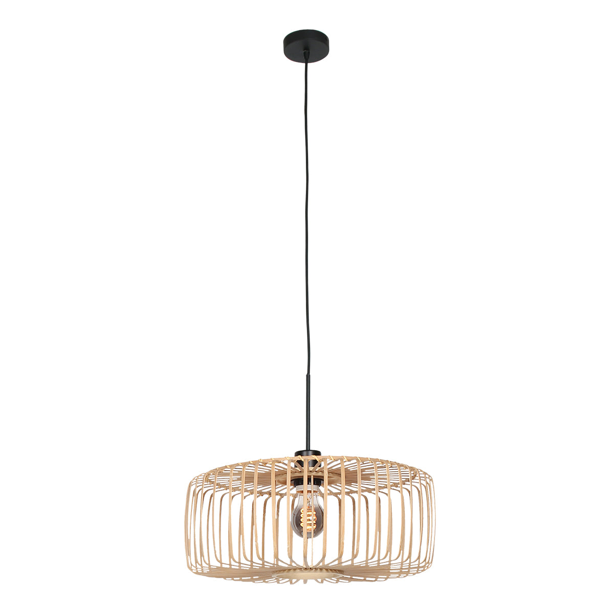 Vue en pied de la suspension, câble noir et rosace fixée au plafond.