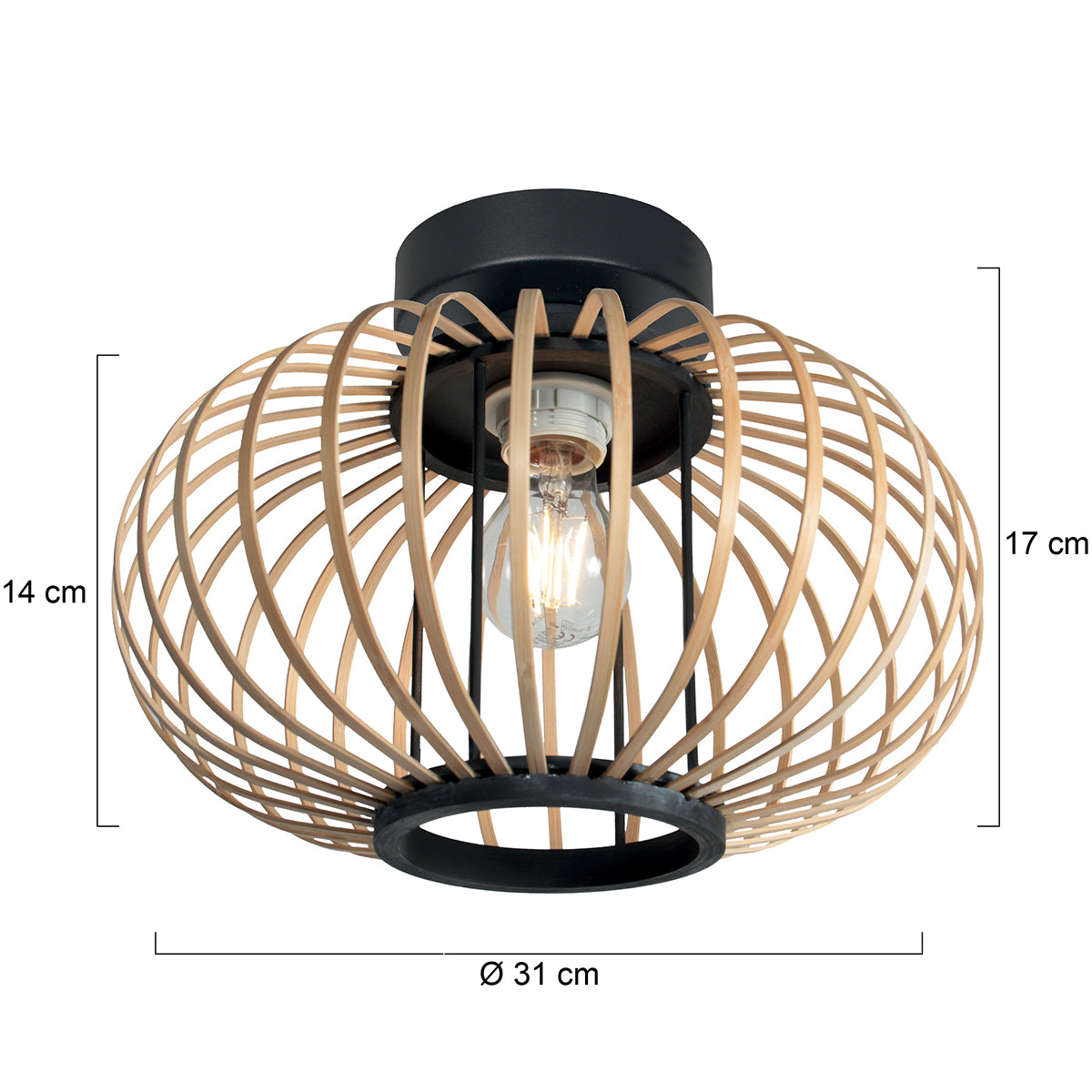 Schéma des dimensions du plafonnier cage bambou Sumba, diamètre 31 cm et hauteur 17 cm