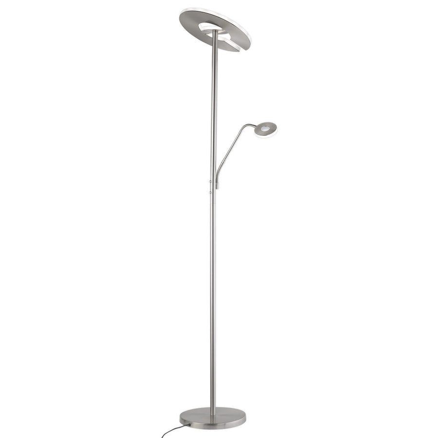 Vue de face du lampadaire nickel avec disque supérieur et bras latéral.