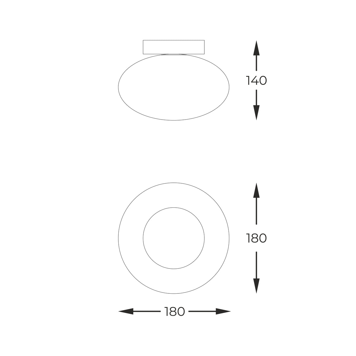 Schéma de dimensions du plafonnier, hauteur 140 mm et diamètre 180 mm.
