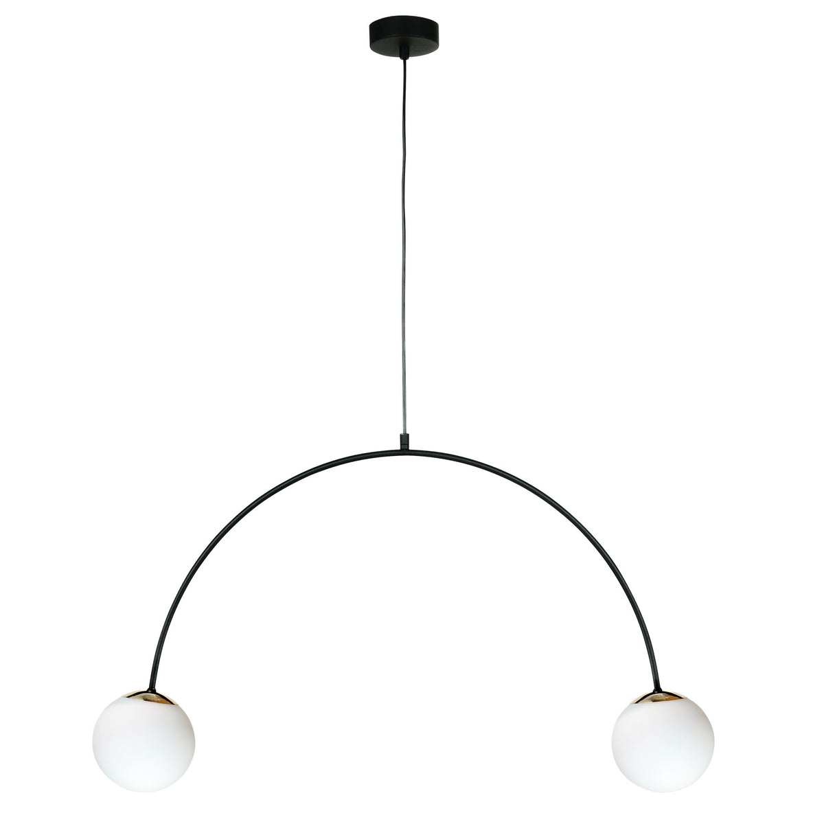 Suspension noire en arc vue de face avec deux globes de verre opalin