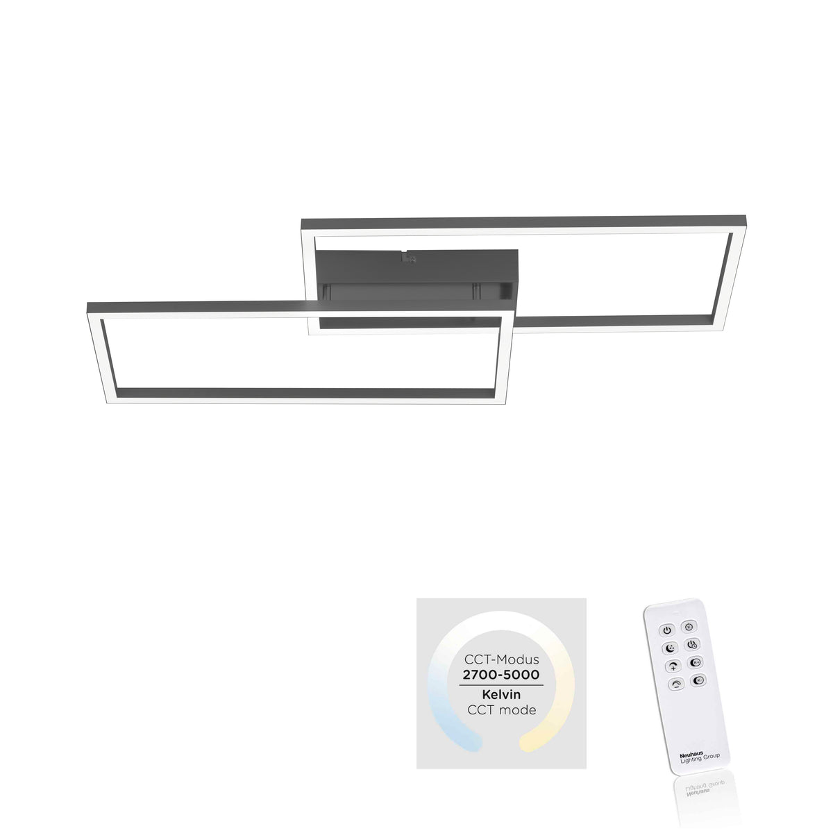 Vue en perspective du luminaire avec télécommande et diagramme de température de couleur.