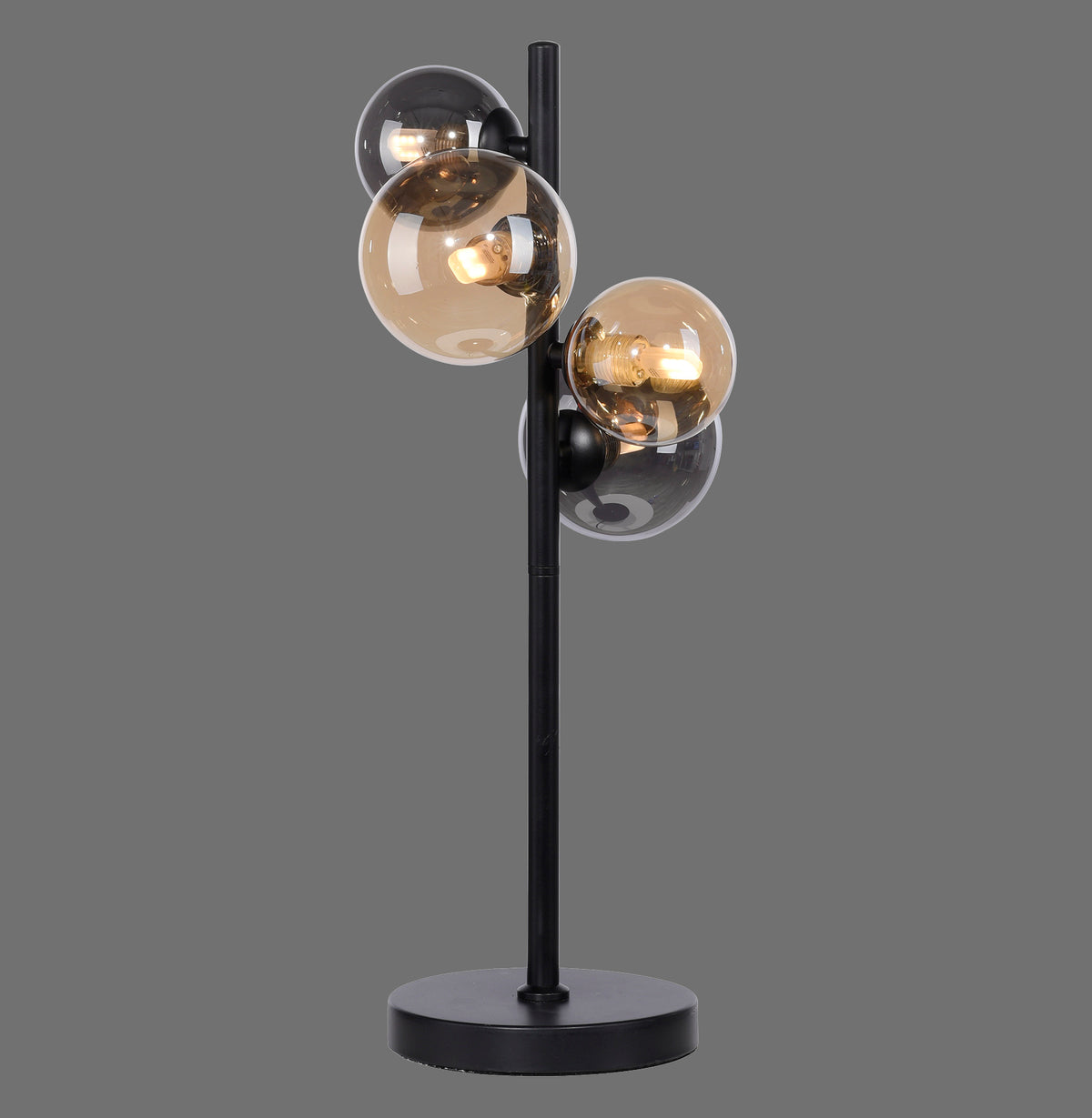 Lampe à poser noire avec quatre globes de verre fumé et ambré, vue de face